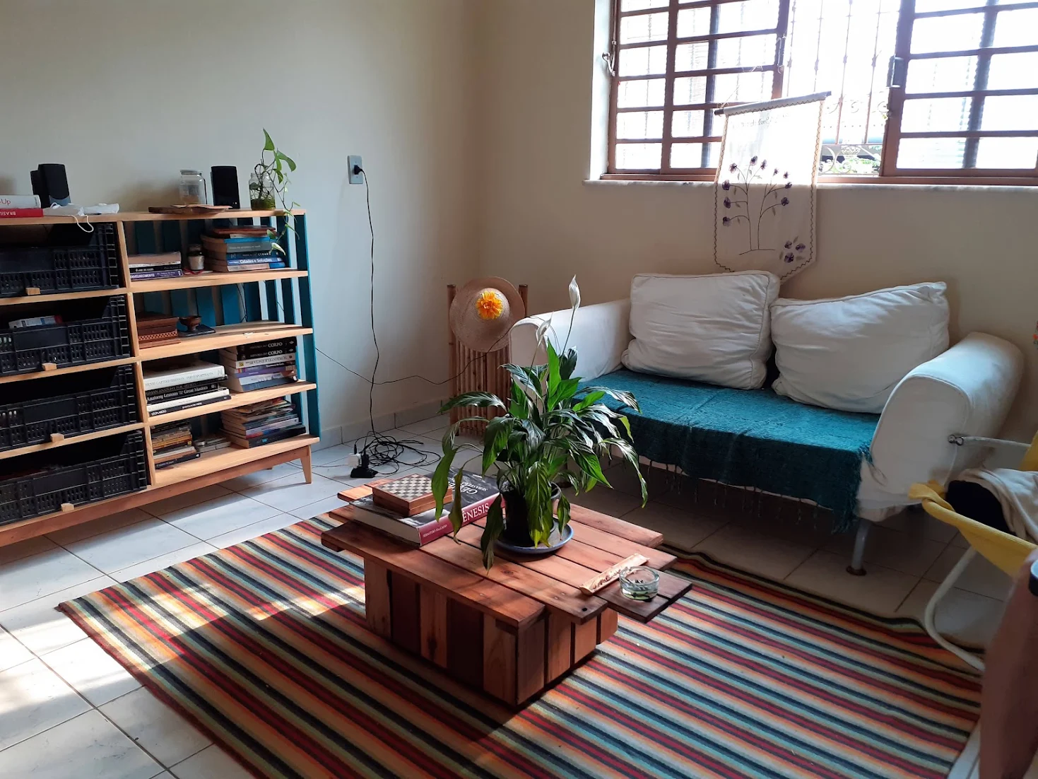 Móvel feito por João Paulo Castro: mesa de centro de madeira com planta e livros em uma sala
